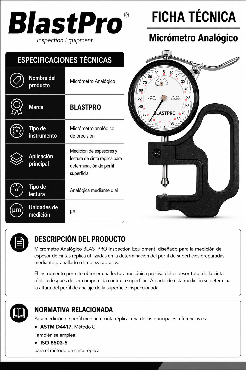 Micrómetro analógico BlastPro para cinta réplica